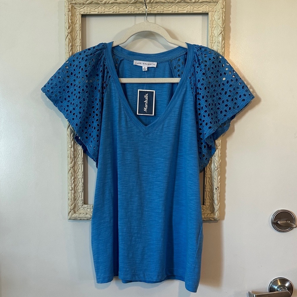 JANE + DELANCEY | Teal Eyelet Short Sleeve Blouse